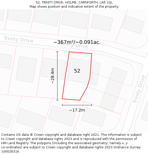 52, TRINITY DRIVE, HOLME, CARNFORTH, LA6 1QL: Plot and title map