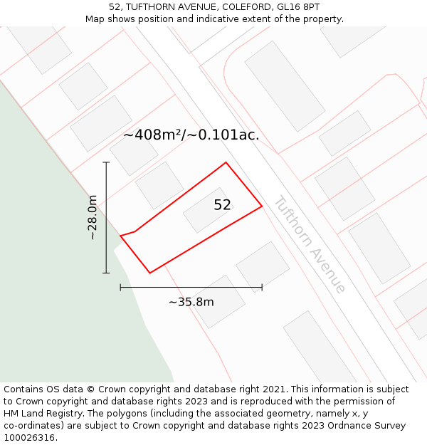 52, TUFTHORN AVENUE, COLEFORD, GL16 8PT: Plot and title map