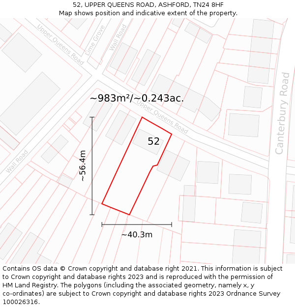 52, UPPER QUEENS ROAD, ASHFORD, TN24 8HF: Plot and title map