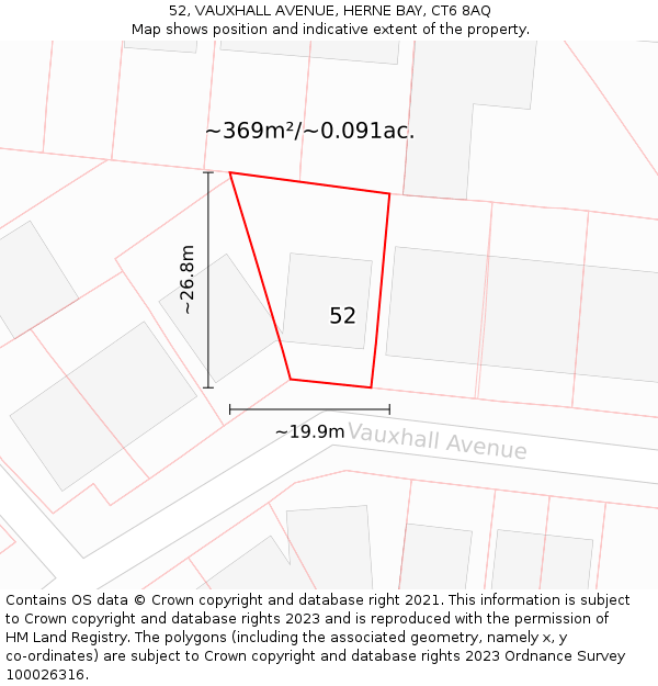 52, VAUXHALL AVENUE, HERNE BAY, CT6 8AQ: Plot and title map