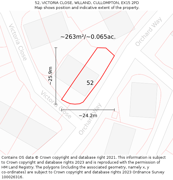 52, VICTORIA CLOSE, WILLAND, CULLOMPTON, EX15 2PD: Plot and title map