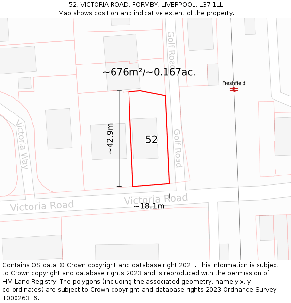 52, VICTORIA ROAD, FORMBY, LIVERPOOL, L37 1LL: Plot and title map