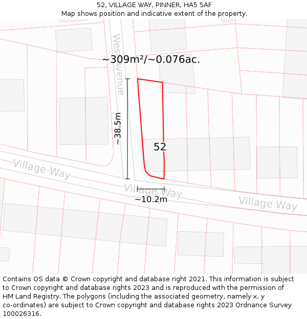 52, VILLAGE WAY, PINNER, HA5 5AF: Plot and title map