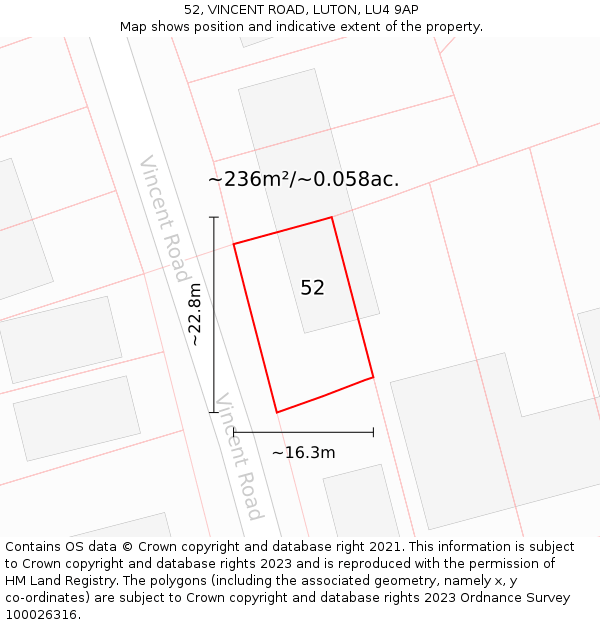 52, VINCENT ROAD, LUTON, LU4 9AP: Plot and title map