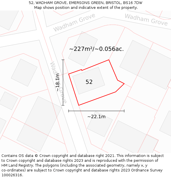 52, WADHAM GROVE, EMERSONS GREEN, BRISTOL, BS16 7DW: Plot and title map