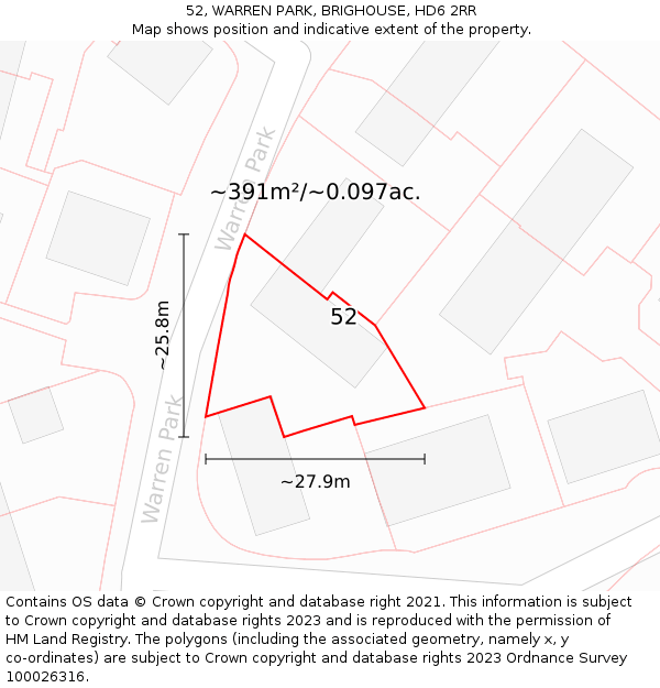 52, WARREN PARK, BRIGHOUSE, HD6 2RR: Plot and title map