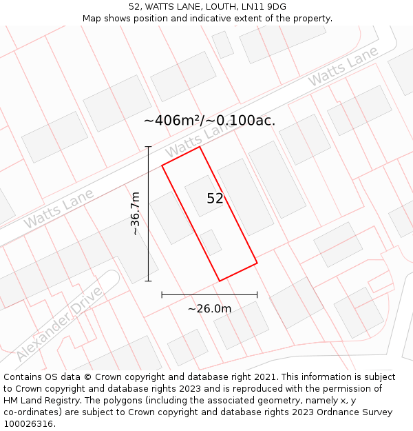 52, WATTS LANE, LOUTH, LN11 9DG: Plot and title map