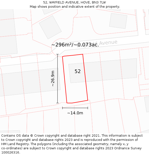 52, WAYFIELD AVENUE, HOVE, BN3 7LW: Plot and title map