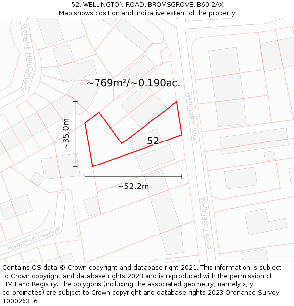 52, WELLINGTON ROAD, BROMSGROVE, B60 2AX: Plot and title map