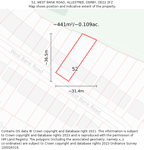 52, WEST BANK ROAD, ALLESTREE, DERBY, DE22 2FZ: Plot and title map