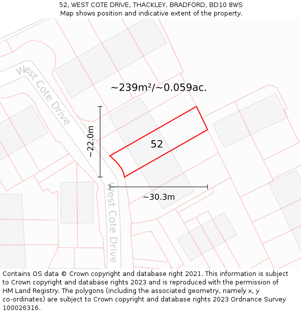 52, WEST COTE DRIVE, THACKLEY, BRADFORD, BD10 8WS: Plot and title map