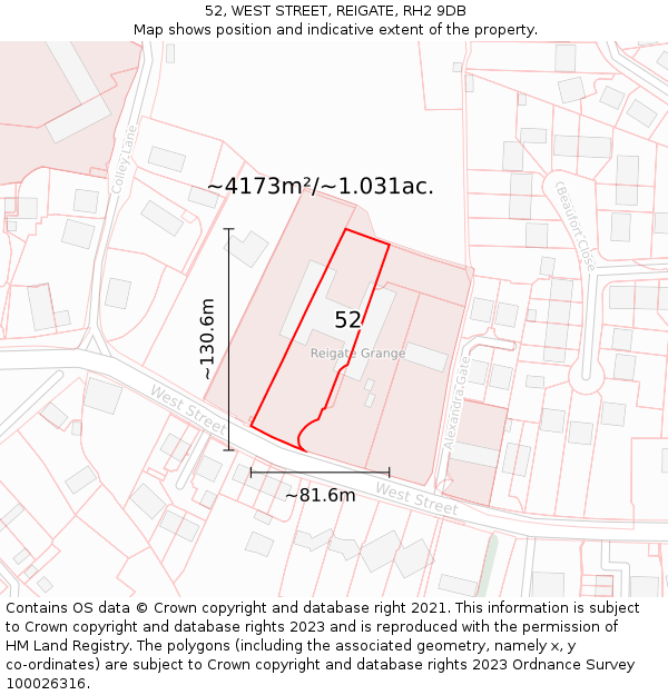 52, WEST STREET, REIGATE, RH2 9DB: Plot and title map