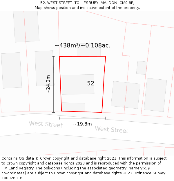 52, WEST STREET, TOLLESBURY, MALDON, CM9 8RJ: Plot and title map