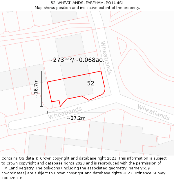 52, WHEATLANDS, FAREHAM, PO14 4SL: Plot and title map