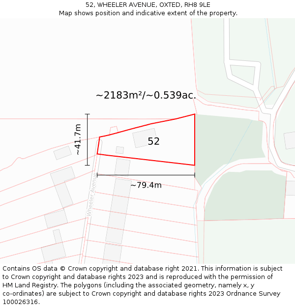 52, WHEELER AVENUE, OXTED, RH8 9LE: Plot and title map