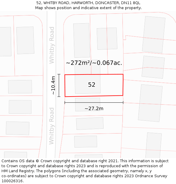 52, WHITBY ROAD, HARWORTH, DONCASTER, DN11 8QL: Plot and title map