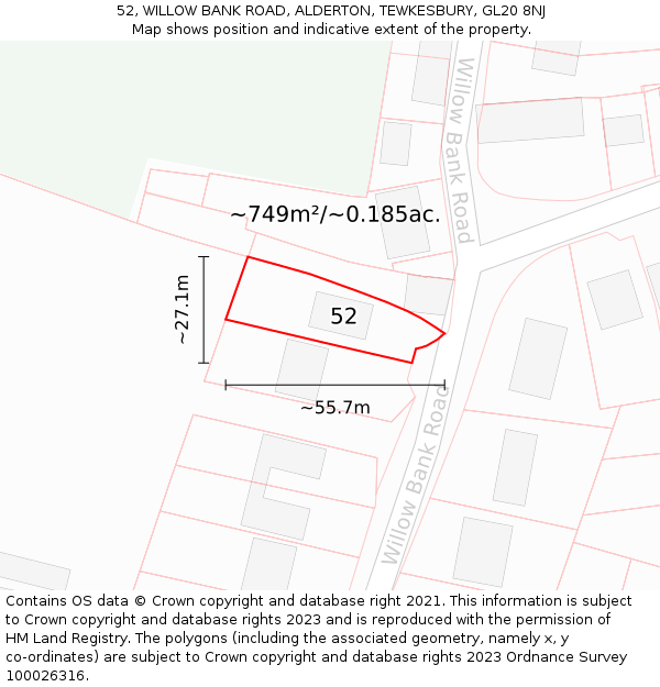 52, WILLOW BANK ROAD, ALDERTON, TEWKESBURY, GL20 8NJ: Plot and title map