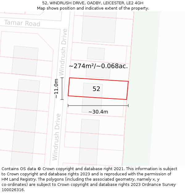 52, WINDRUSH DRIVE, OADBY, LEICESTER, LE2 4GH: Plot and title map