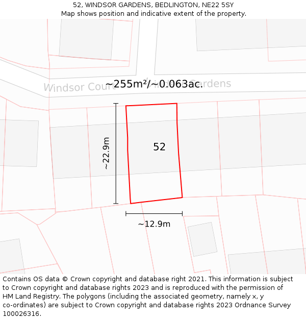 52, WINDSOR GARDENS, BEDLINGTON, NE22 5SY: Plot and title map