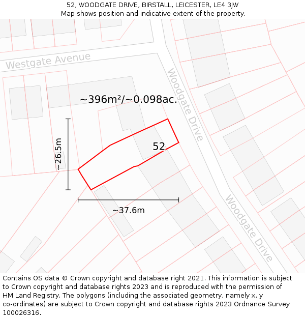 52, WOODGATE DRIVE, BIRSTALL, LEICESTER, LE4 3JW: Plot and title map