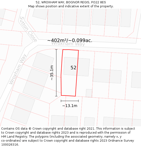 52, WROXHAM WAY, BOGNOR REGIS, PO22 8ES: Plot and title map