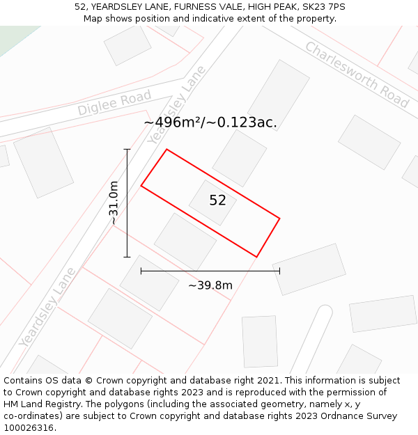 52, YEARDSLEY LANE, FURNESS VALE, HIGH PEAK, SK23 7PS: Plot and title map