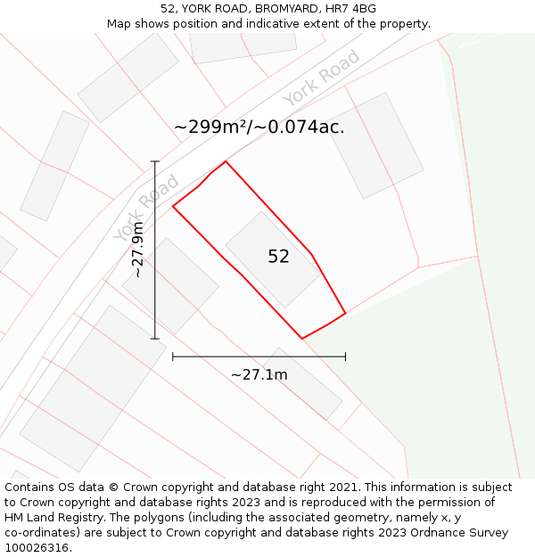 52, YORK ROAD, BROMYARD, HR7 4BG: Plot and title map