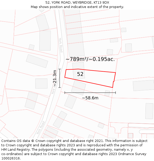 52, YORK ROAD, WEYBRIDGE, KT13 9DX: Plot and title map