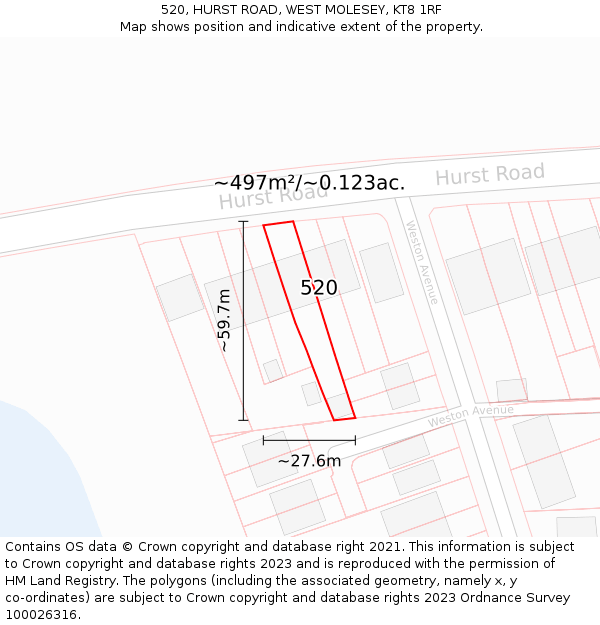 520, HURST ROAD, WEST MOLESEY, KT8 1RF: Plot and title map