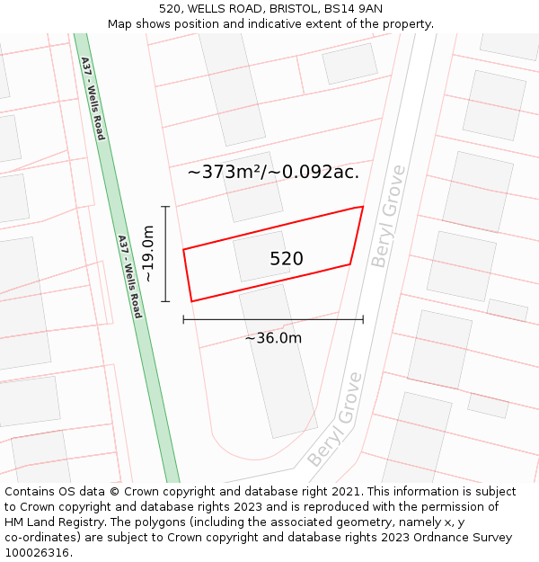 520, WELLS ROAD, BRISTOL, BS14 9AN: Plot and title map