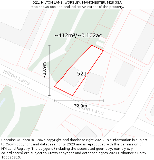 521, HILTON LANE, WORSLEY, MANCHESTER, M28 3SA: Plot and title map