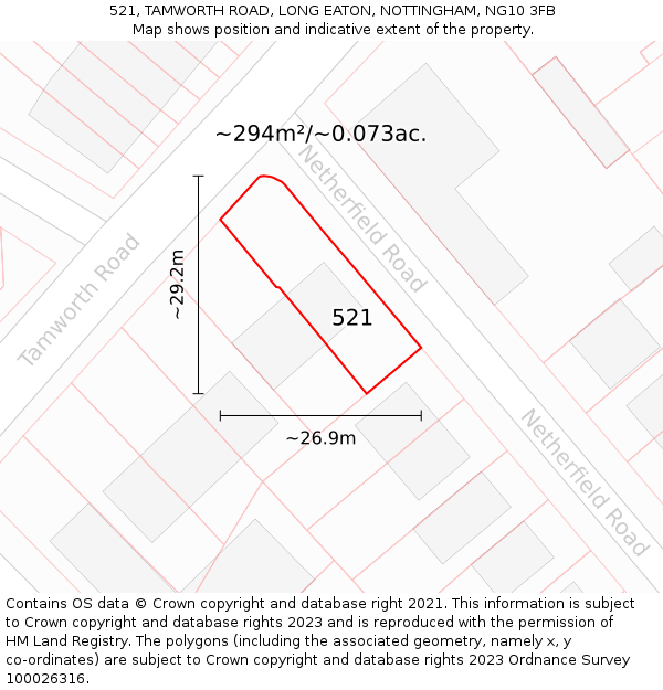 521, TAMWORTH ROAD, LONG EATON, NOTTINGHAM, NG10 3FB: Plot and title map