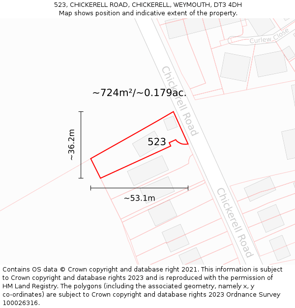 523, CHICKERELL ROAD, CHICKERELL, WEYMOUTH, DT3 4DH: Plot and title map