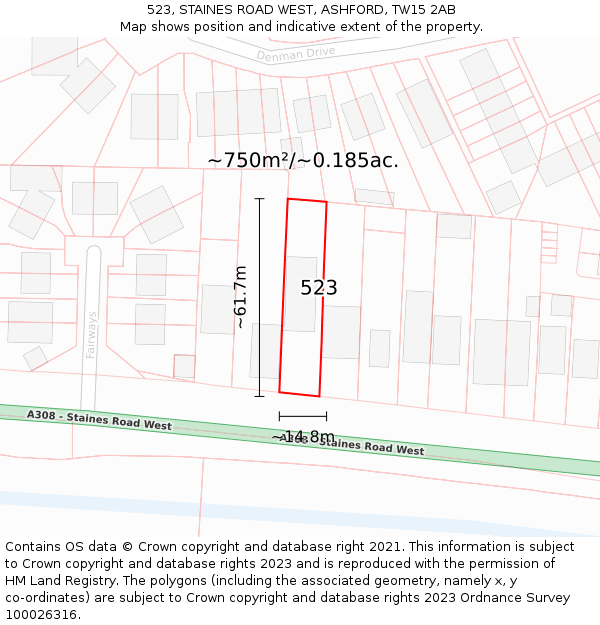 523, STAINES ROAD WEST, ASHFORD, TW15 2AB: Plot and title map