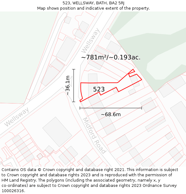 523, WELLSWAY, BATH, BA2 5RJ: Plot and title map