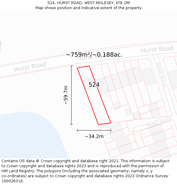 524, HURST ROAD, WEST MOLESEY, KT8 1RF: Plot and title map