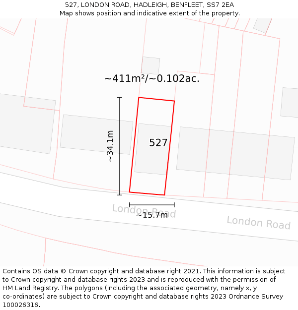 527, LONDON ROAD, HADLEIGH, BENFLEET, SS7 2EA: Plot and title map