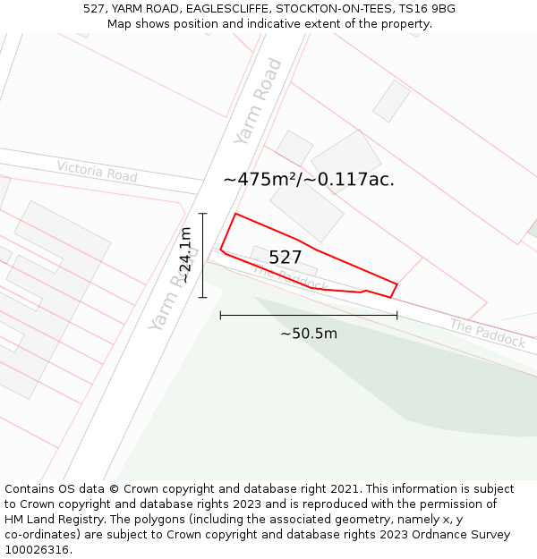 527, YARM ROAD, EAGLESCLIFFE, STOCKTON-ON-TEES, TS16 9BG: Plot and title map