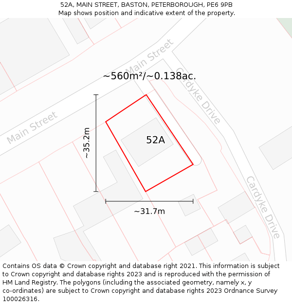 52A, MAIN STREET, BASTON, PETERBOROUGH, PE6 9PB: Plot and title map