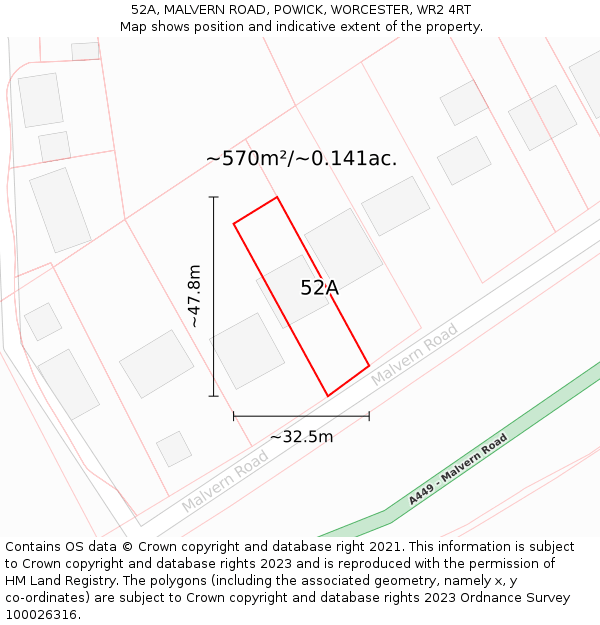 52A, MALVERN ROAD, POWICK, WORCESTER, WR2 4RT: Plot and title map