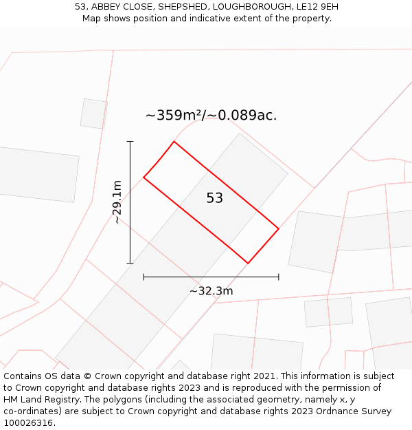 53, ABBEY CLOSE, SHEPSHED, LOUGHBOROUGH, LE12 9EH: Plot and title map