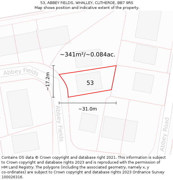 53, ABBEY FIELDS, WHALLEY, CLITHEROE, BB7 9RS: Plot and title map