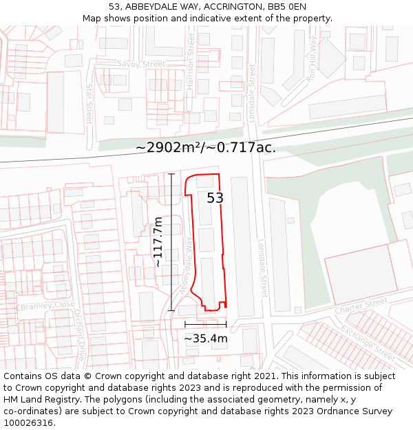 53, ABBEYDALE WAY, ACCRINGTON, BB5 0EN: Plot and title map