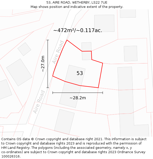 53, AIRE ROAD, WETHERBY, LS22 7UE: Plot and title map