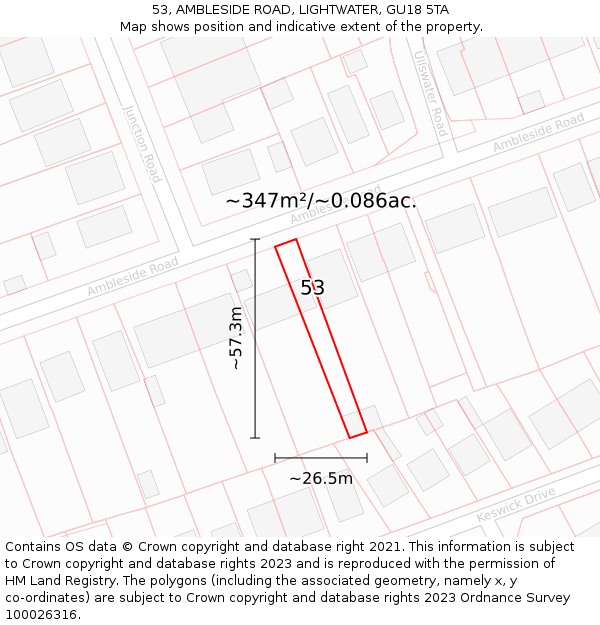 53, AMBLESIDE ROAD, LIGHTWATER, GU18 5TA: Plot and title map