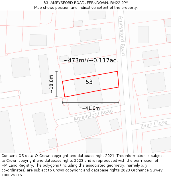 53, AMEYSFORD ROAD, FERNDOWN, BH22 9PY: Plot and title map