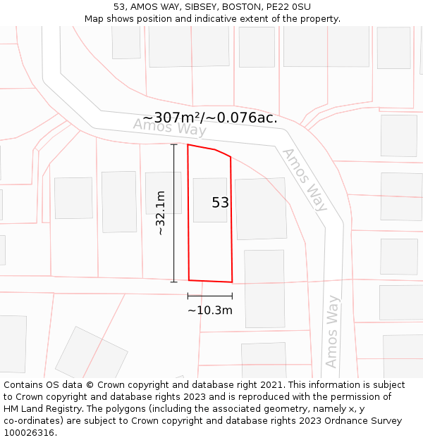 53, AMOS WAY, SIBSEY, BOSTON, PE22 0SU: Plot and title map