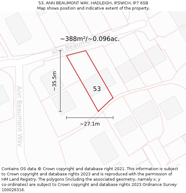 53, ANN BEAUMONT WAY, HADLEIGH, IPSWICH, IP7 6SB: Plot and title map