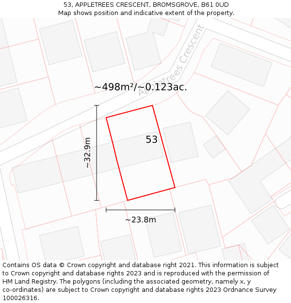 53, APPLETREES CRESCENT, BROMSGROVE, B61 0UD: Plot and title map