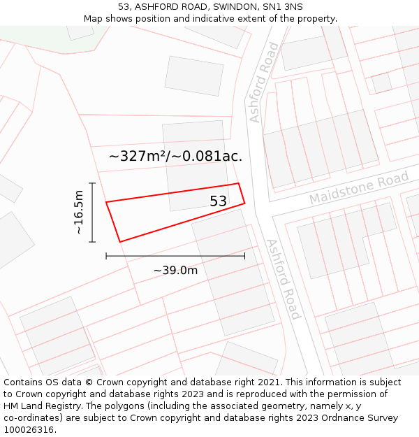 53, ASHFORD ROAD, SWINDON, SN1 3NS: Plot and title map